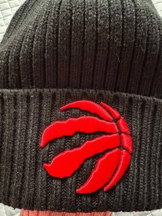 Black and Red Ribbed Beanie with Red Embroidered Raptors Logo - Picture 3 of 3